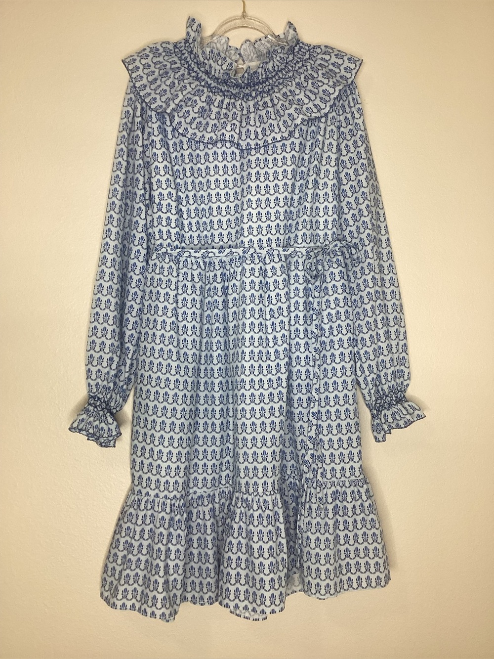 Smockingbird Long Sleeve Smocked Dress Cottage Core Blue XL